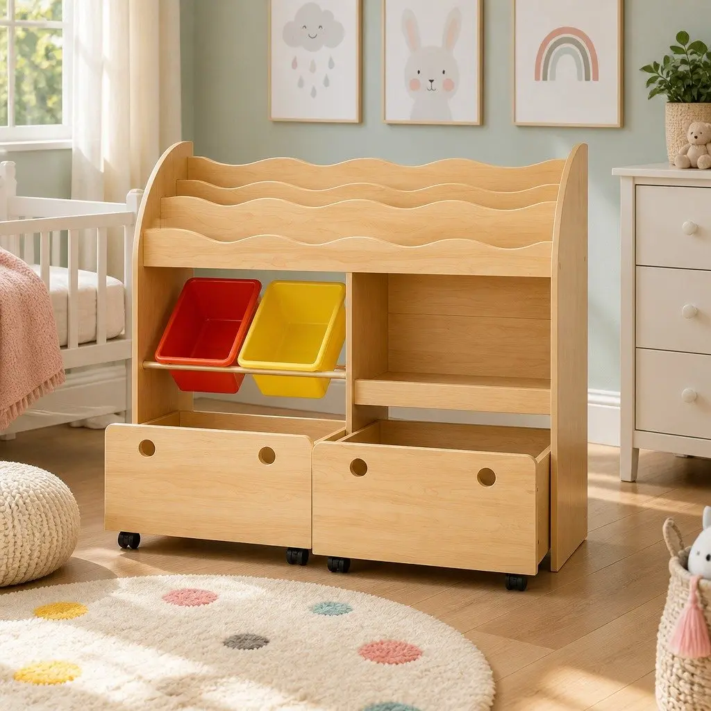 Kids Bookshelf Natural 3-Tier Storage Organiser with Removable Bins and Movable Drawers