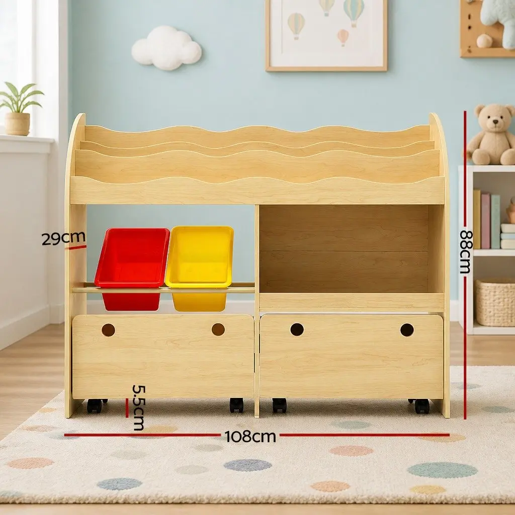 Kids Bookshelf Natural 3-Tier Storage Organiser with Removable Bins and Movable Drawers