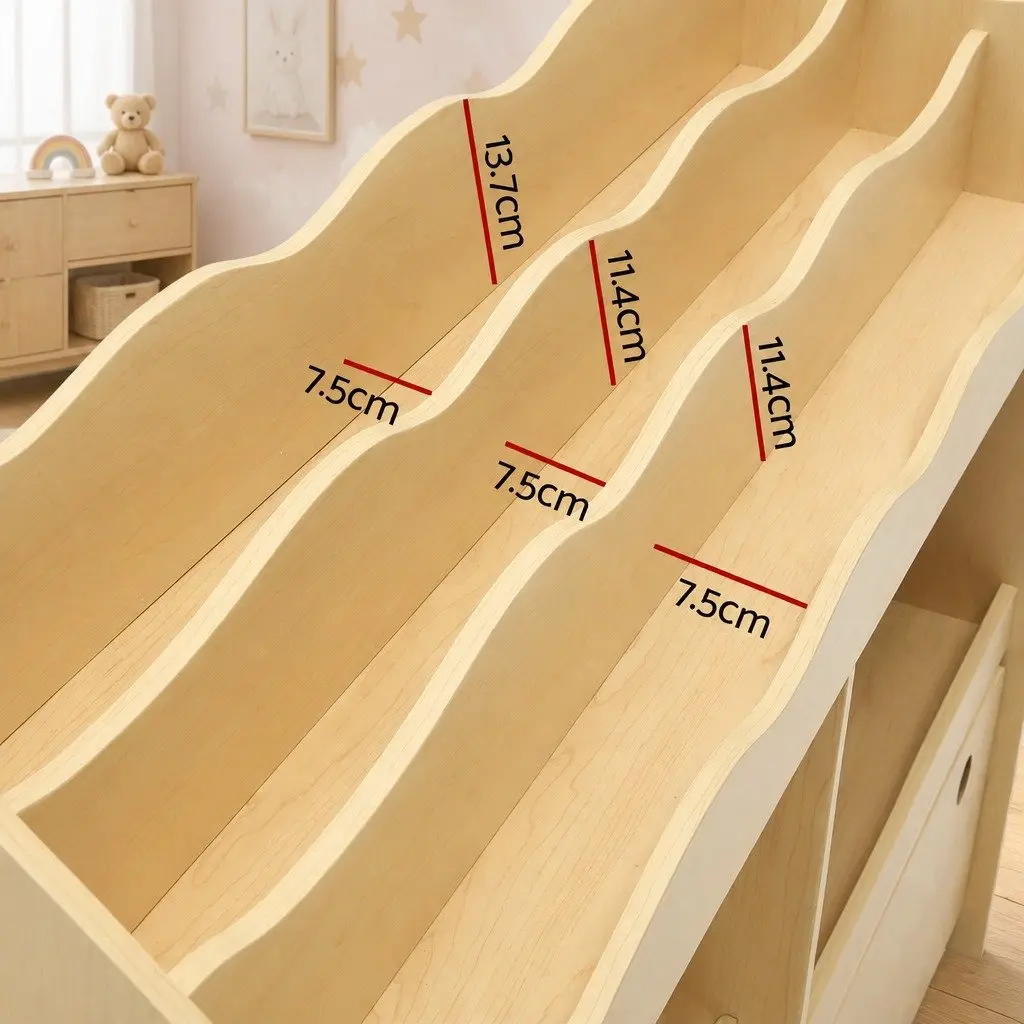 Kids Bookshelf Natural 3-Tier Storage Organiser with Removable Bins and Movable Drawers