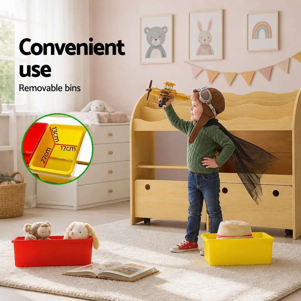 Kids Bookshelf Natural 3-Tier Storage Organiser with Removable Bins and Movable Drawers