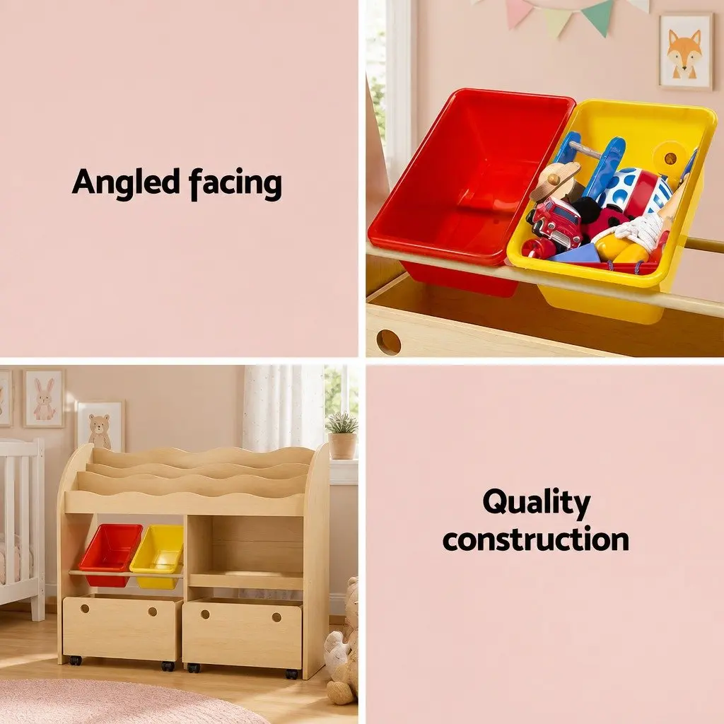 Kids Bookshelf Natural 3-Tier Storage Organiser with Removable Bins and Movable Drawers
