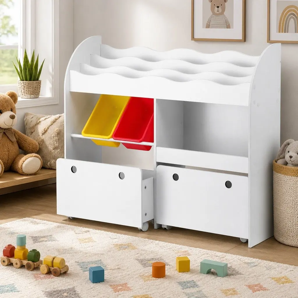 Kids Bookshelf with Removable Drawers and Storage Bins