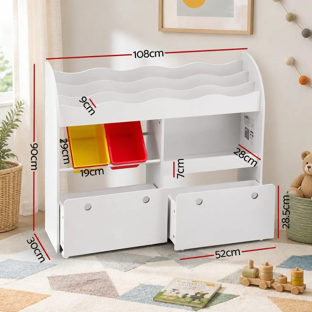 Kids Bookshelf White 3 Tier Storage Organiser Removable Drawers