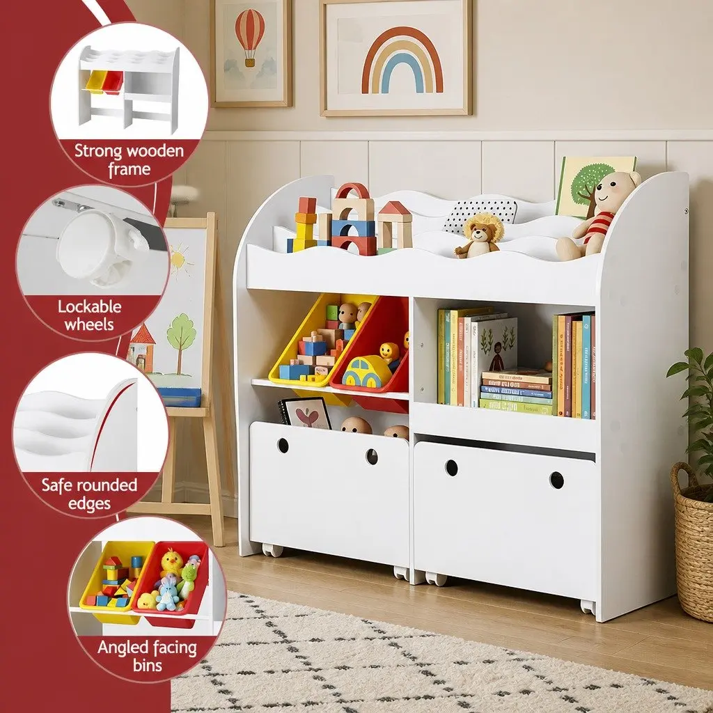 Kids Bookshelf White 3 Tier Storage Organiser Removable Drawers
