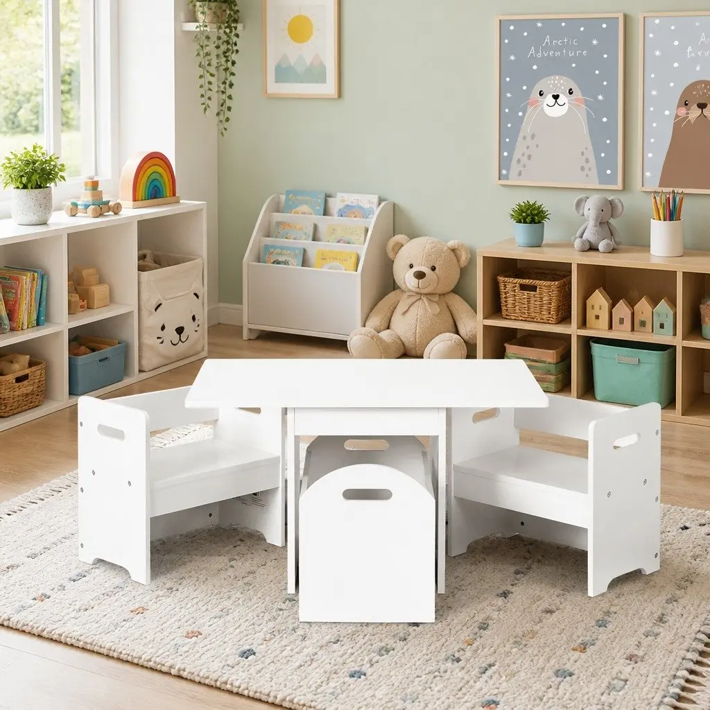 Kids Table and Chairs Set 3 Piece Storage Box Play Activity Desk White