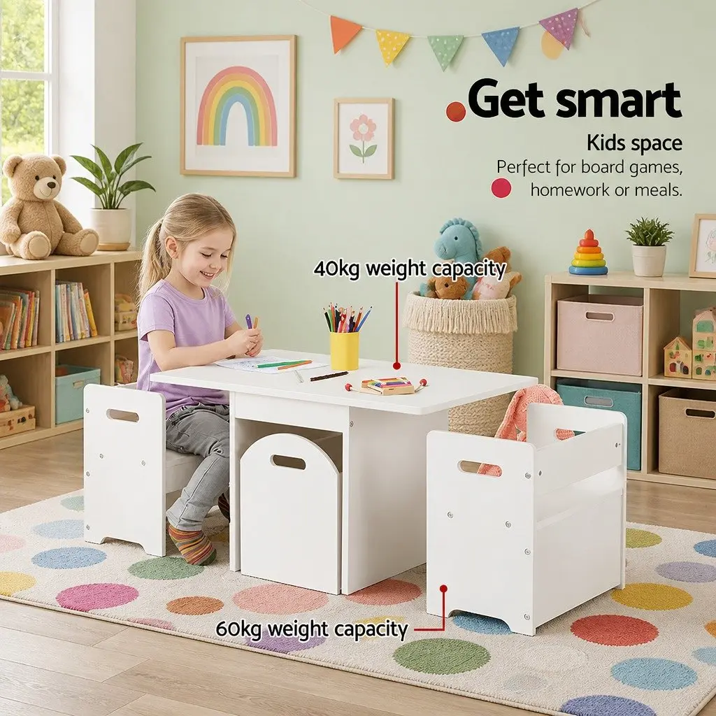 Kids Table and Chairs Set 3 Piece Storage Box Play Activity Desk White