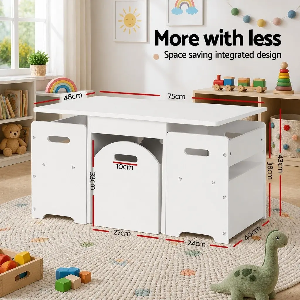 Kids Table and Chairs Set 3 Piece Storage Box Play Activity Desk White