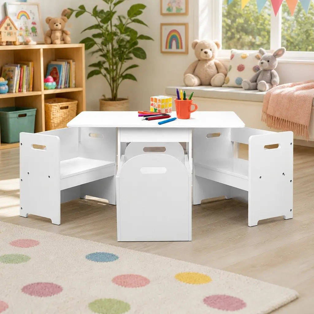 Kids Table and Chairs Set 3 Piece Storage Box Play Activity Desk White