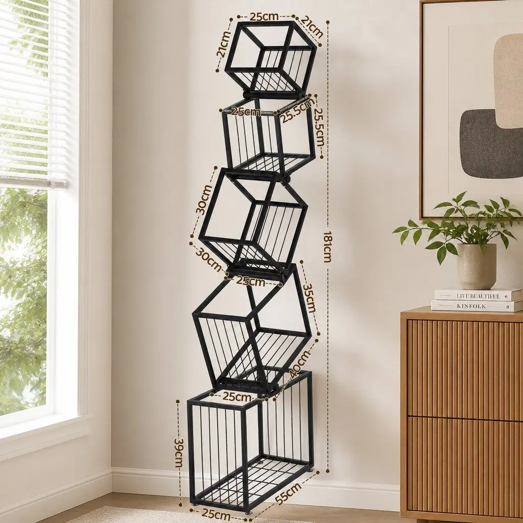 5-Tier Bookshelf Metal Geometric Display Shelf Storage Organizer Black Vertical
