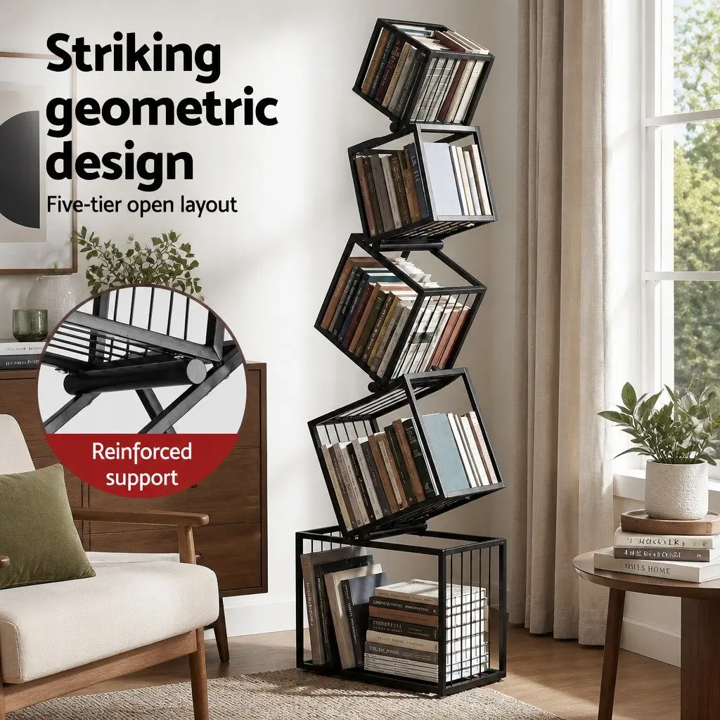 5-Tier Bookshelf Metal Geometric Display Shelf Storage Organizer Black Vertical