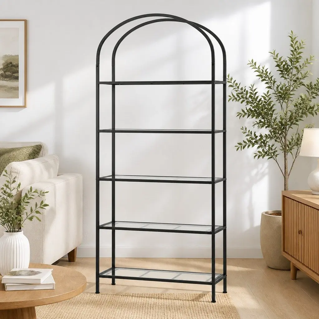 5 Tier Industrial Etagere Bookcase Metal Frame Tempered Glass Shelves Display