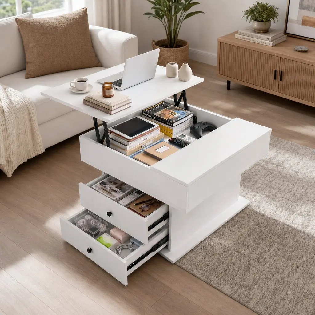 Lift Top Coffee Table Square Centre Table Rotating Top Hidden Storage White