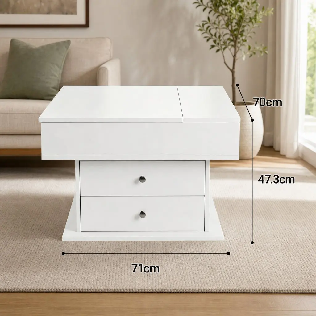 Lift Top Coffee Table Square Centre Table Rotating Top Hidden Storage White