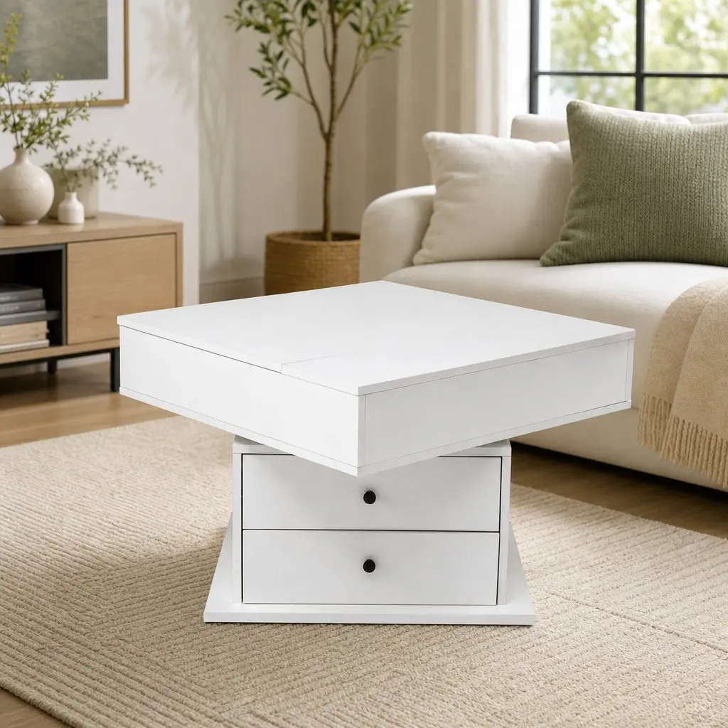 Lift Top Coffee Table Square Centre Table Rotating Top Hidden Storage White