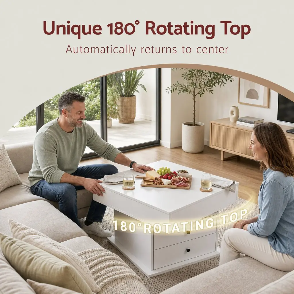 Lift Top Coffee Table Square Centre Table Rotating Top Hidden Storage White