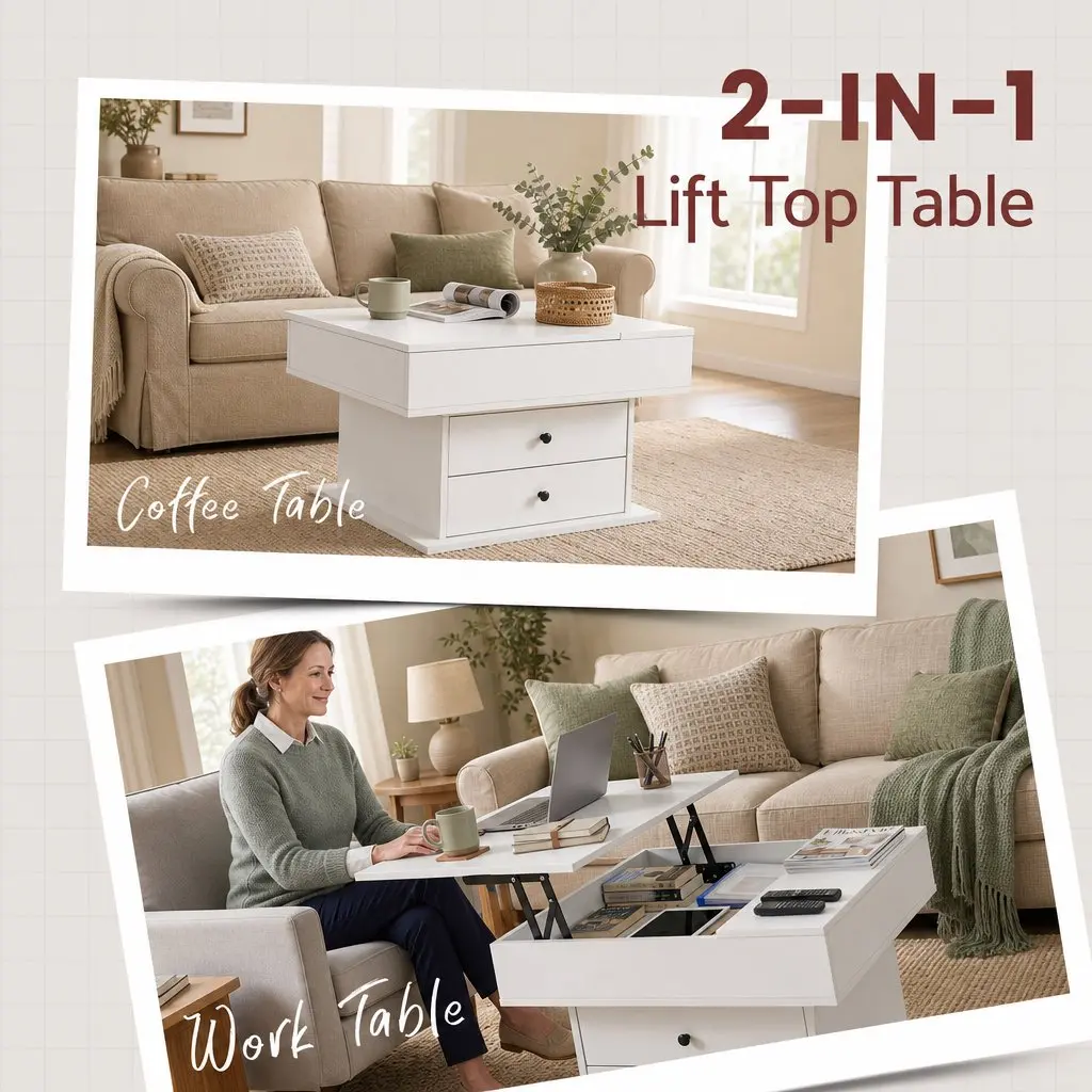 Lift Top Coffee Table Square Centre Table Rotating Top Hidden Storage White