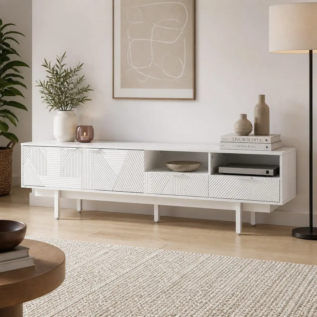 TV Unit White 200cm Modern Storage Cabinet with Two Cabinets Two Drawers Two Open Shelves for Living Room