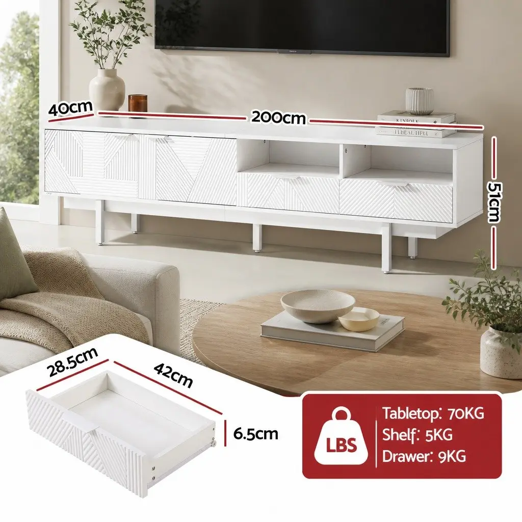 TV Unit White 200cm Modern Storage Cabinet with Two Cabinets Two Drawers Two Open Shelves for Living Room
