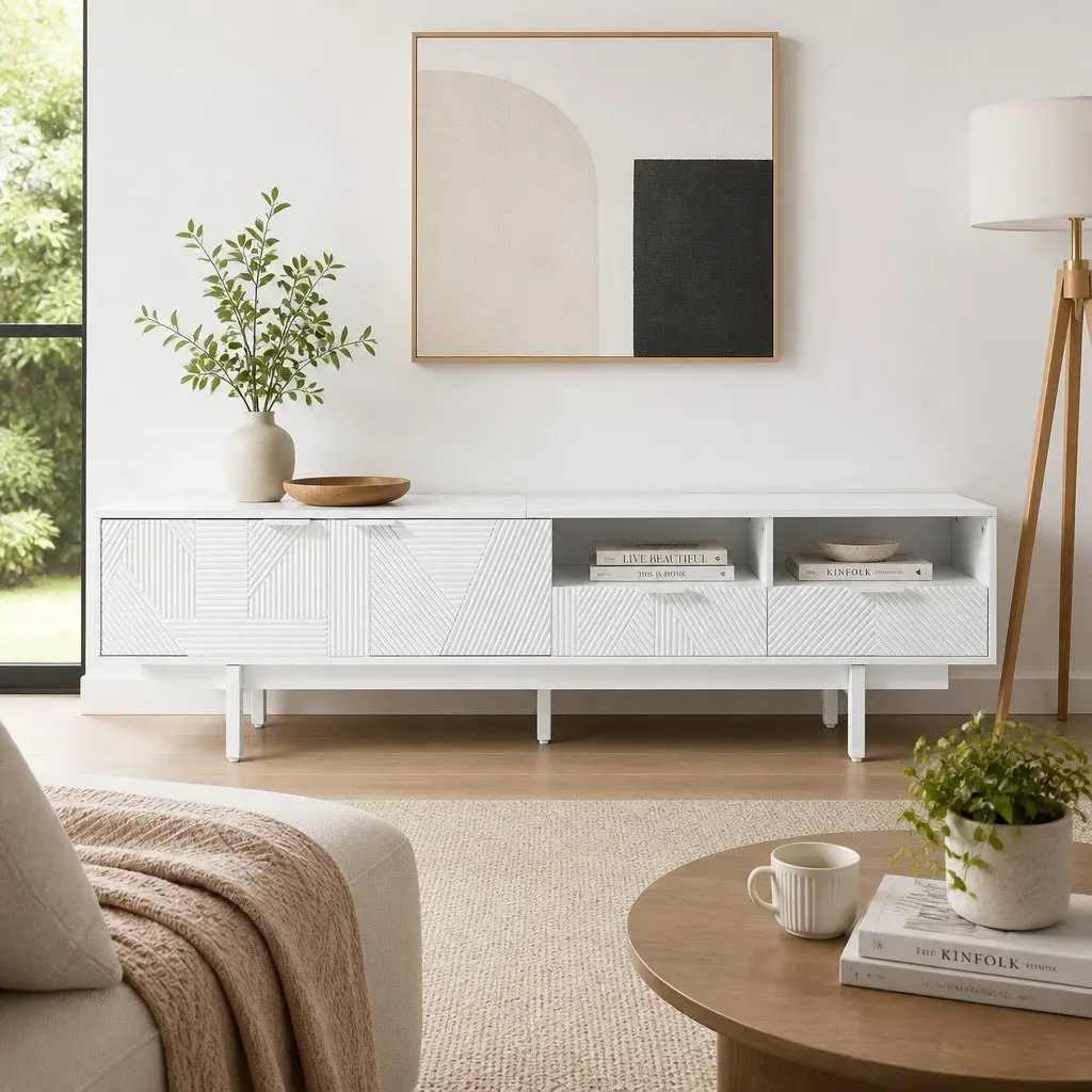 TV Unit White 200cm Modern Storage Cabinet with Two Cabinets Two Drawers Two Open Shelves for Living Room