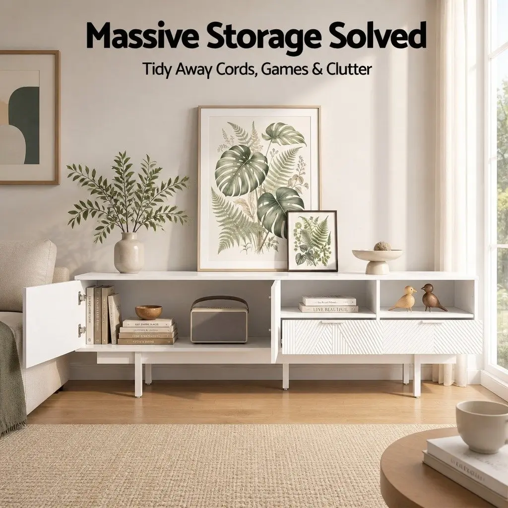 TV Unit White 200cm Modern Storage Cabinet with Two Cabinets Two Drawers Two Open Shelves for Living Room