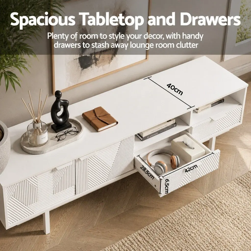 TV Unit White 200cm Modern Storage Cabinet with Two Cabinets Two Drawers Two Open Shelves for Living Room