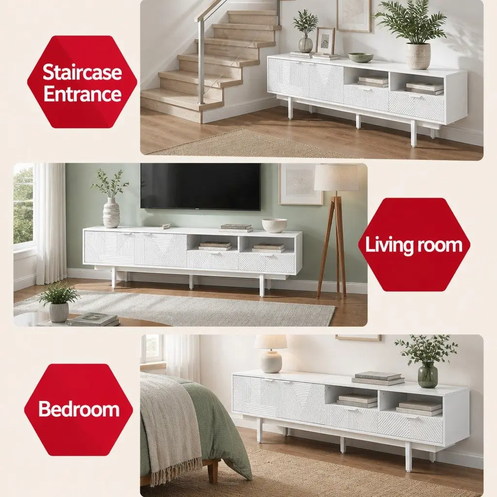 TV Unit White 200cm Modern Storage Cabinet with Two Cabinets Two Drawers Two Open Shelves for Living Room