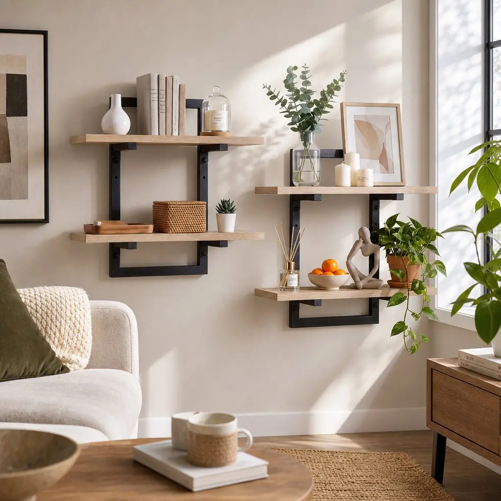 Floating Wall Shelf 2-Tier Wall-Mounted Display Ledge Storage Set of 2 Wood
