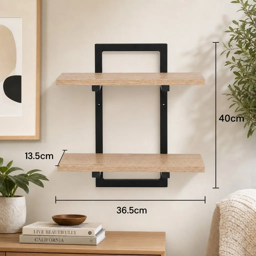 Floating Wall Shelf 2-Tier Wall-Mounted Display Ledge Storage Set of 2 Wood