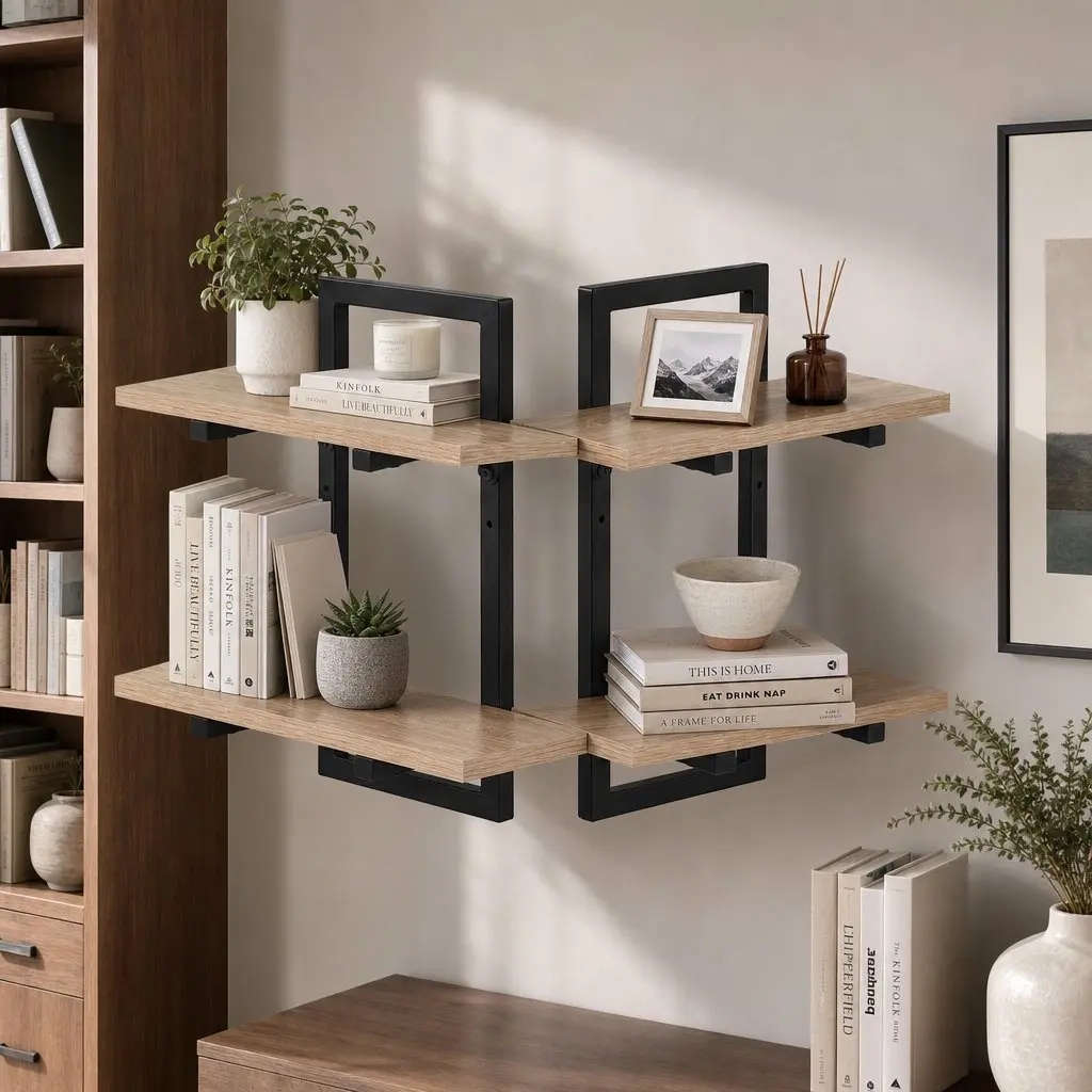 Floating Wall Shelf 2-Tier Wall-Mounted Display Ledge Storage Set of 2 Wood