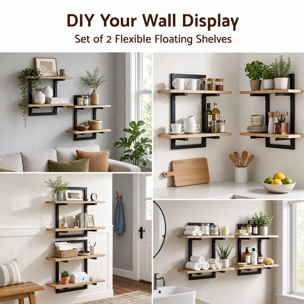 Floating Wall Shelf 2-Tier Wall-Mounted Display Ledge Storage Set of 2 Wood