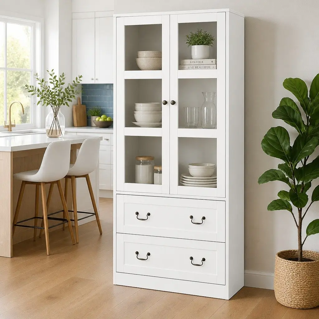 Buffet Sideboard White 180cm Kitchen Storage Cabinet with Clear Glass Door and Drawers