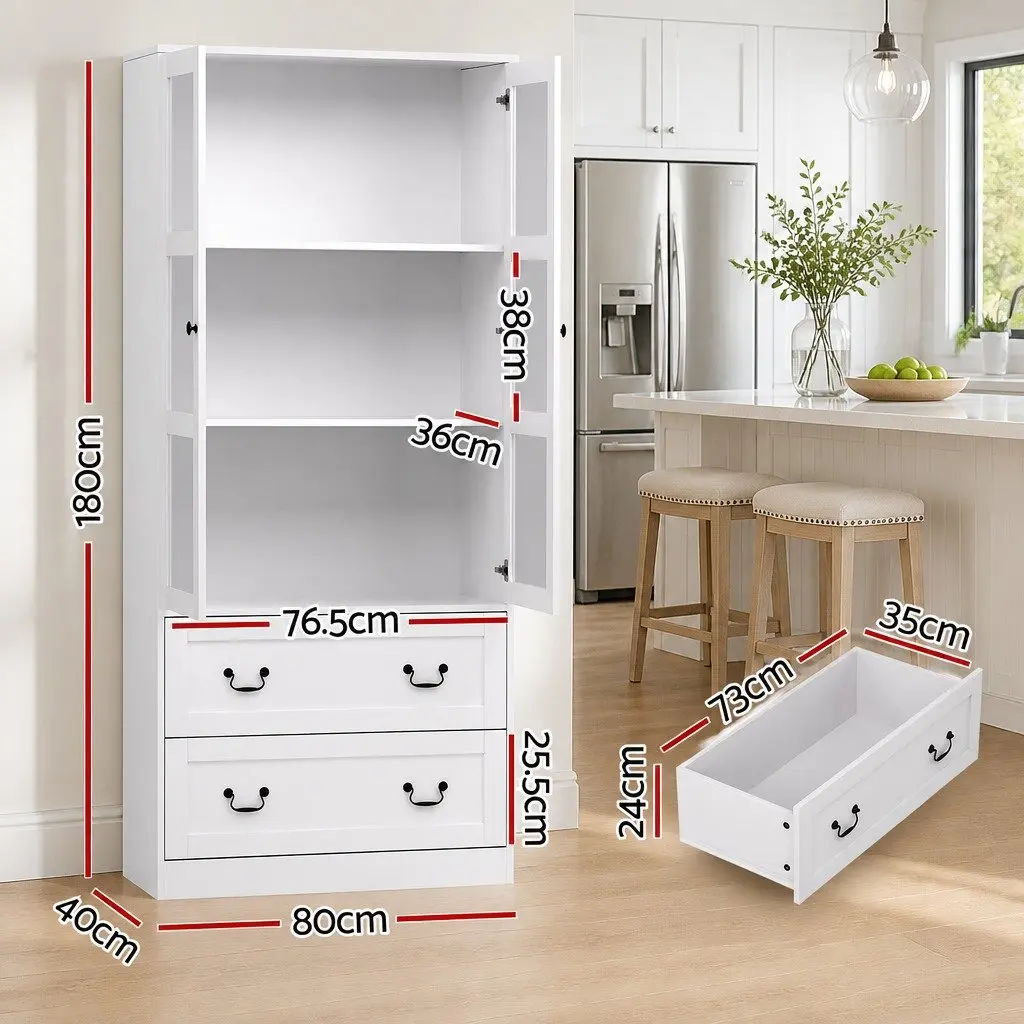 Buffet Sideboard White 180cm Kitchen Storage Cabinet with Clear Glass Door and Drawers