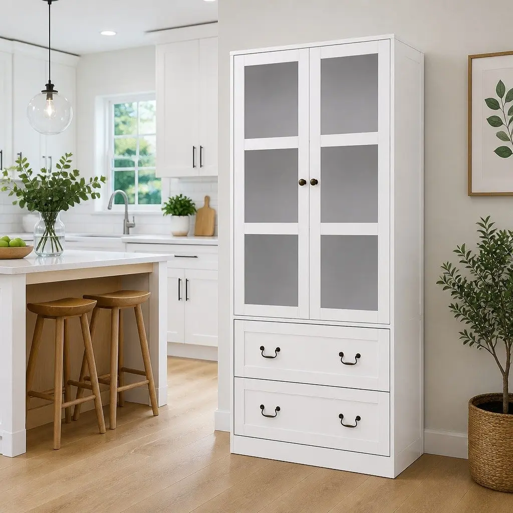Buffet Sideboard White 180cm Kitchen Storage Cabinet with Clear Glass Door and Drawers