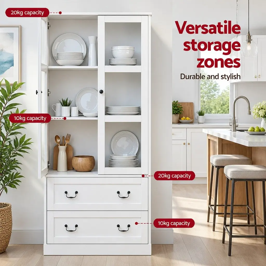 Buffet Sideboard White 180cm Kitchen Storage Cabinet with Clear Glass Door and Drawers