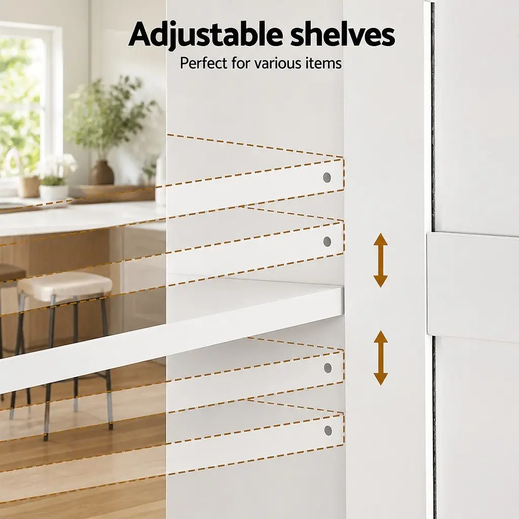 Buffet Sideboard White 180cm Kitchen Storage Cabinet with Clear Glass Door and Drawers