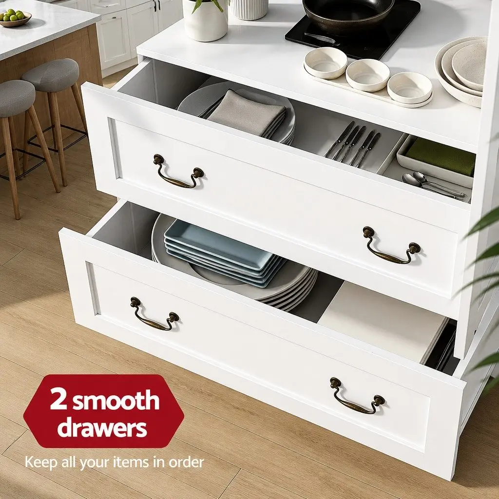 Buffet Sideboard White 180cm Kitchen Storage Cabinet with Clear Glass Door and Drawers