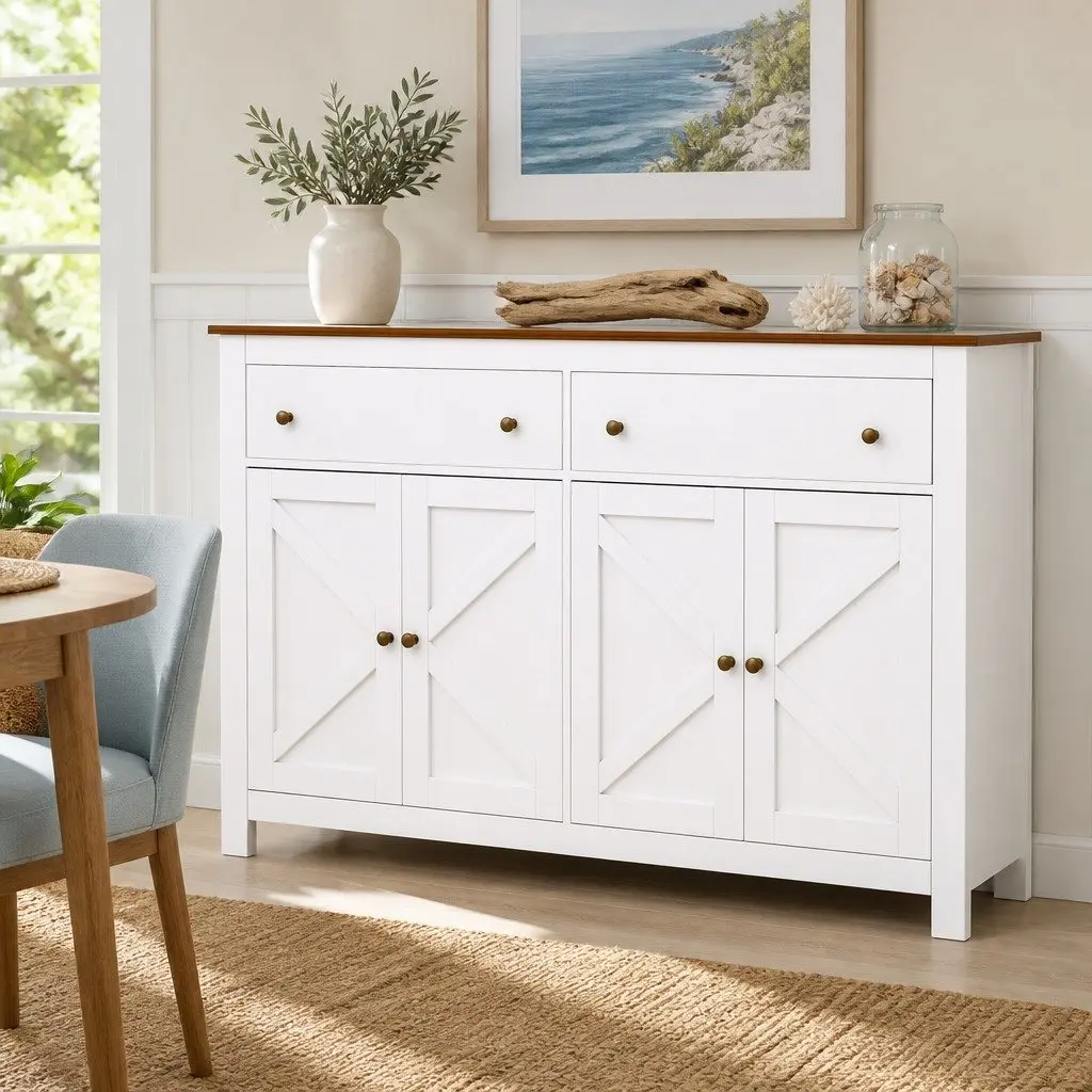 Buffet Sideboard White 140CM X-Frame Doors 2 Drawers Height-Adjustable Shelves