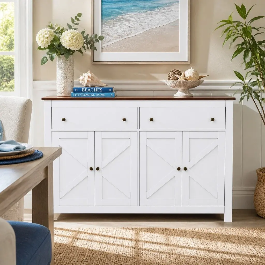 Buffet Sideboard White 140CM X-Frame Doors 2 Drawers Height-Adjustable Shelves