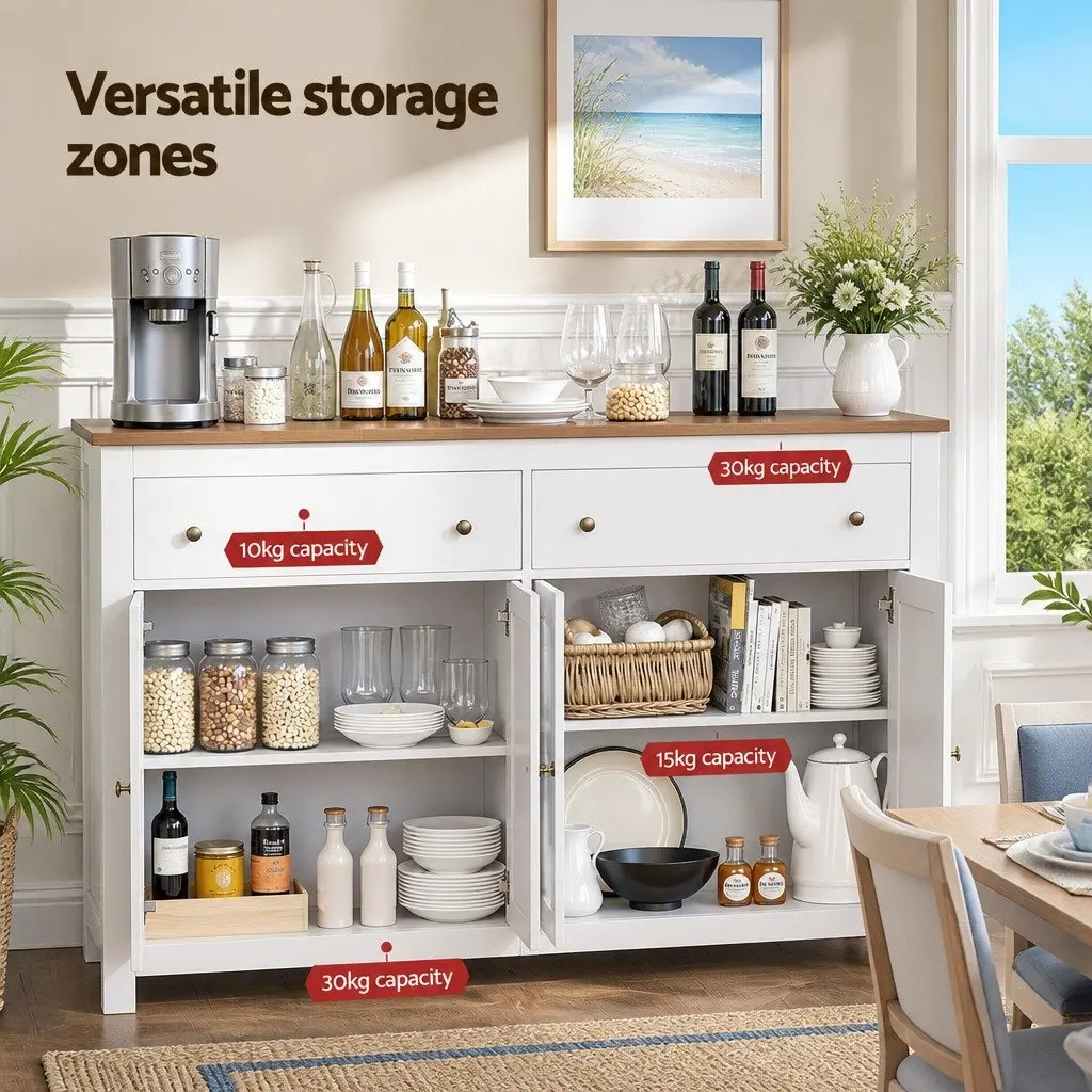 Buffet Sideboard White 140CM X-Frame Doors 2 Drawers Height-Adjustable Shelves