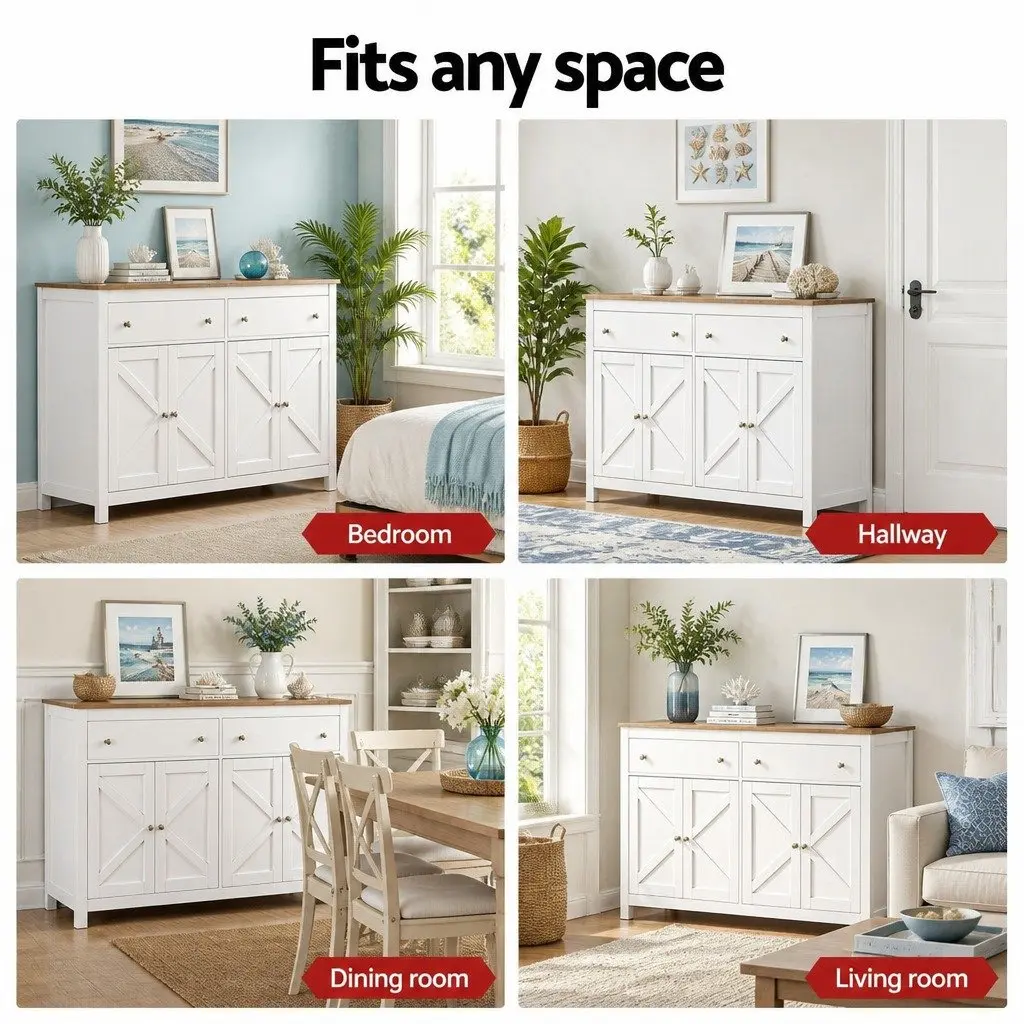 Buffet Sideboard White 140CM X-Frame Doors 2 Drawers Height-Adjustable Shelves