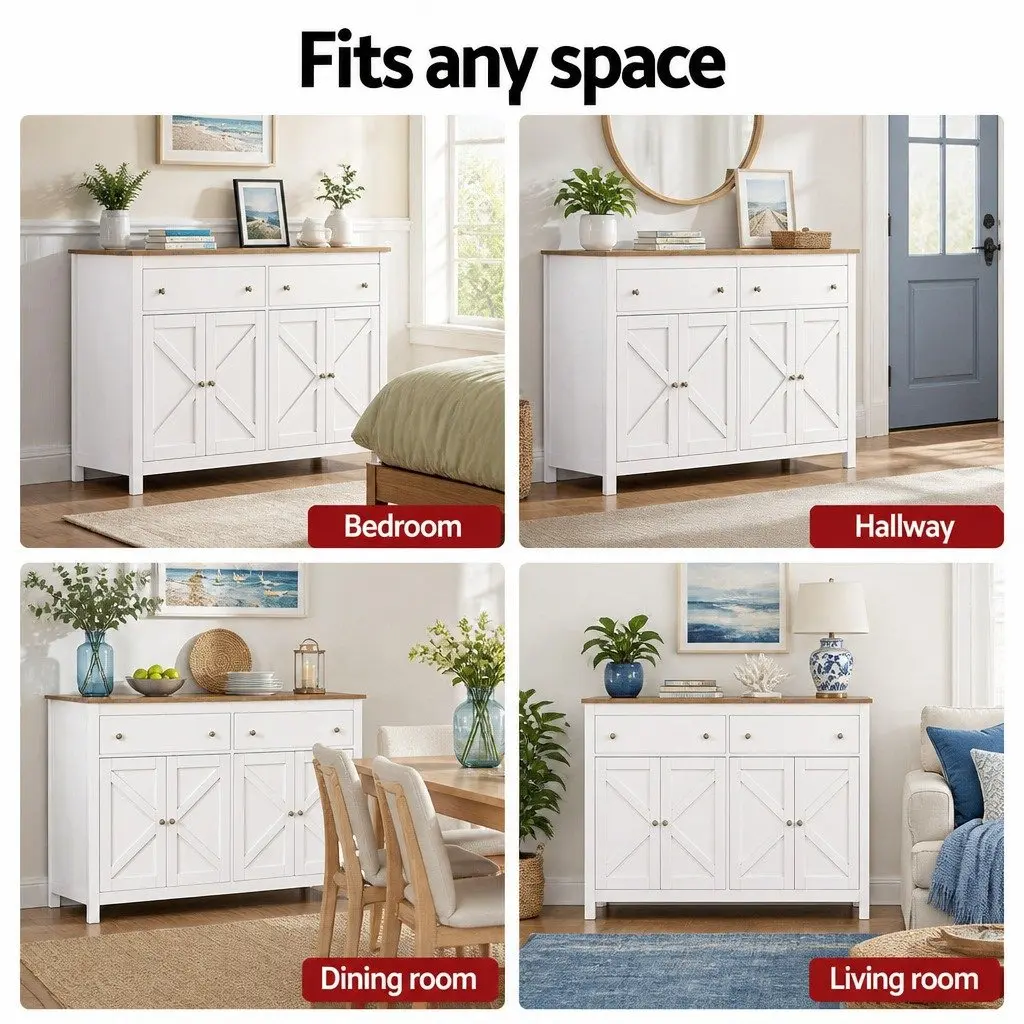 Buffet Sideboard White 140CM X-Frame Doors 2 Drawers Height-Adjustable Shelves