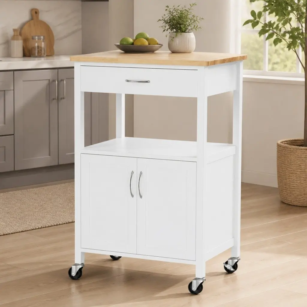 Kitchen Island Trolley White 60cm Mobile Storage Cart with Drawer Cabinet and Open Shelf