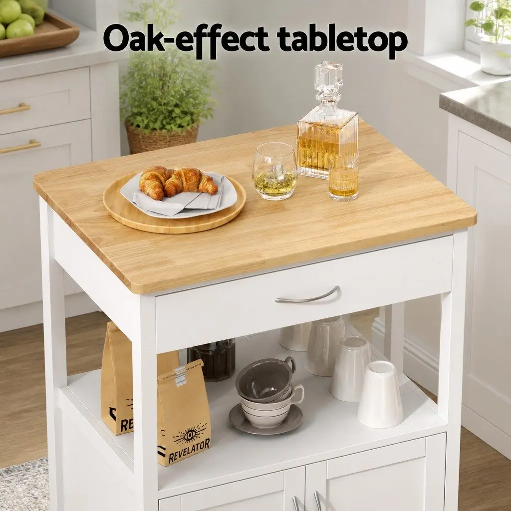 Kitchen Island Trolley White 60cm Mobile Storage Cart with Drawer Cabinet and Open Shelf