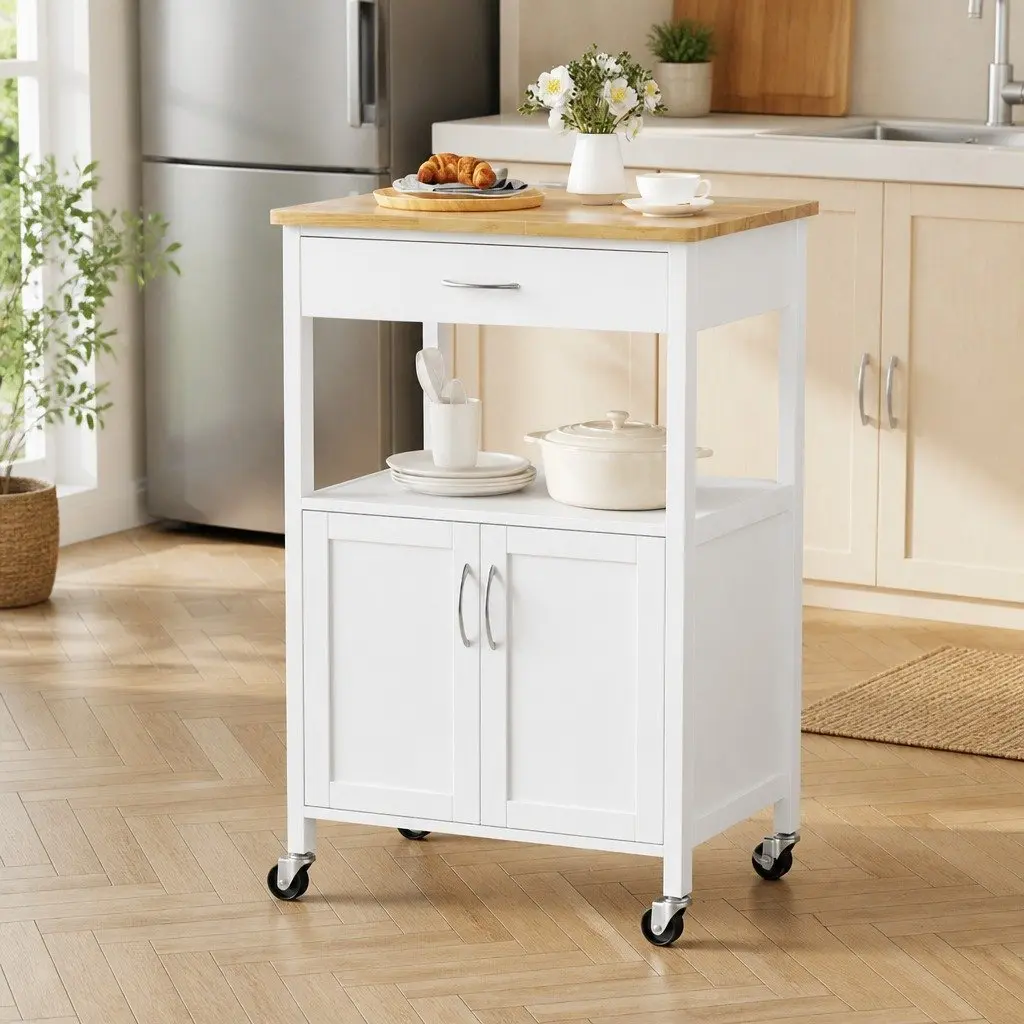Kitchen Island Trolley White 60cm Mobile Storage Cart with Drawer Cabinet and Open Shelf