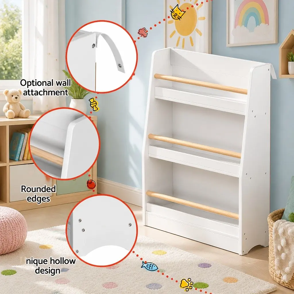 Kids Bookshelf 3 Tier Storage Organiser Yellow Children Bookcase Display Shelf