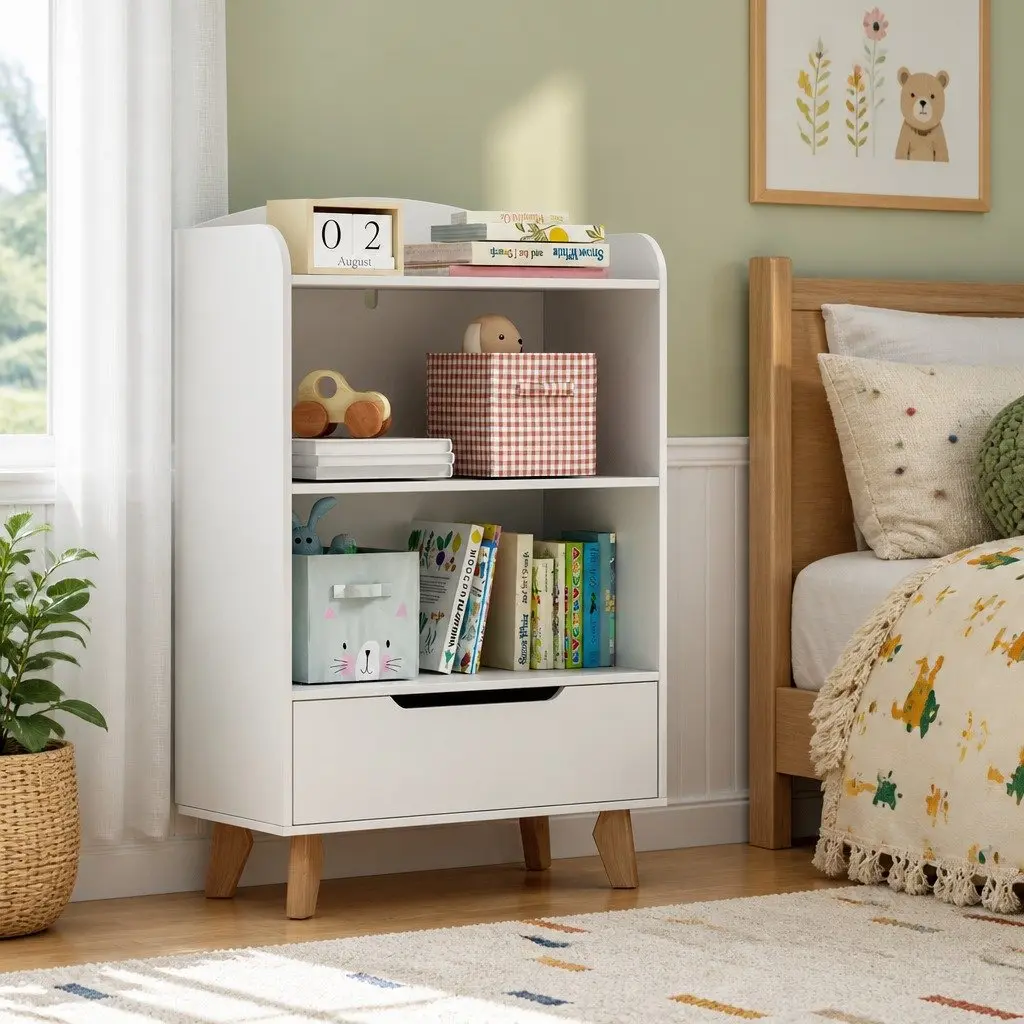 Kids Bookshelf 3 Tier Storage Bookcase Drawer Organiser Yellow Children