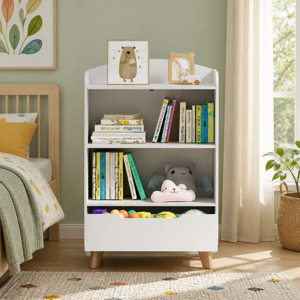 Kids Bookshelf 3 Tier Storage Bookcase Drawer Organiser Yellow Children