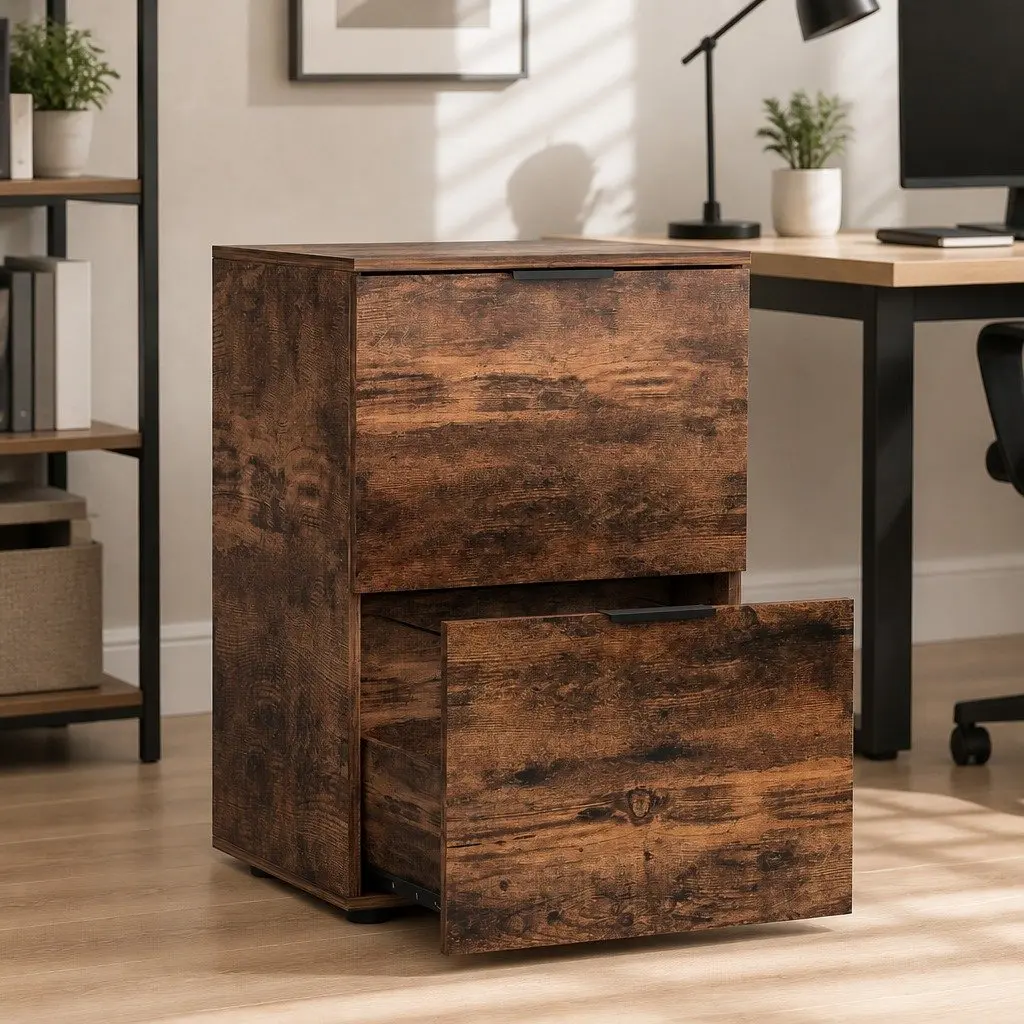 Filing Cabinet Natural Oak 2 Drawer Office Storage Organiser Smooth Gliding Operation