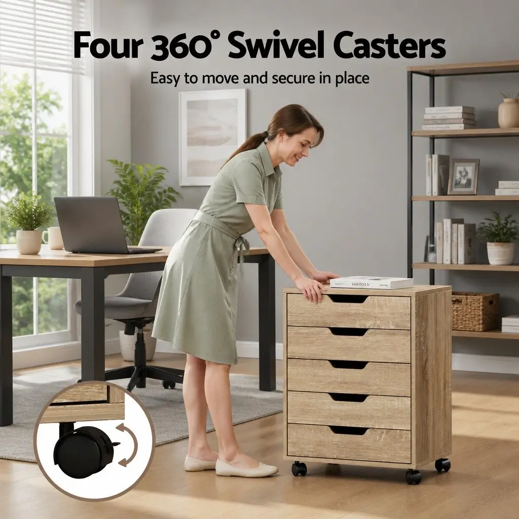 5-Drawer Filing Cabinet Walnut Mobile Rolling Storage Chest Organize Documents Office