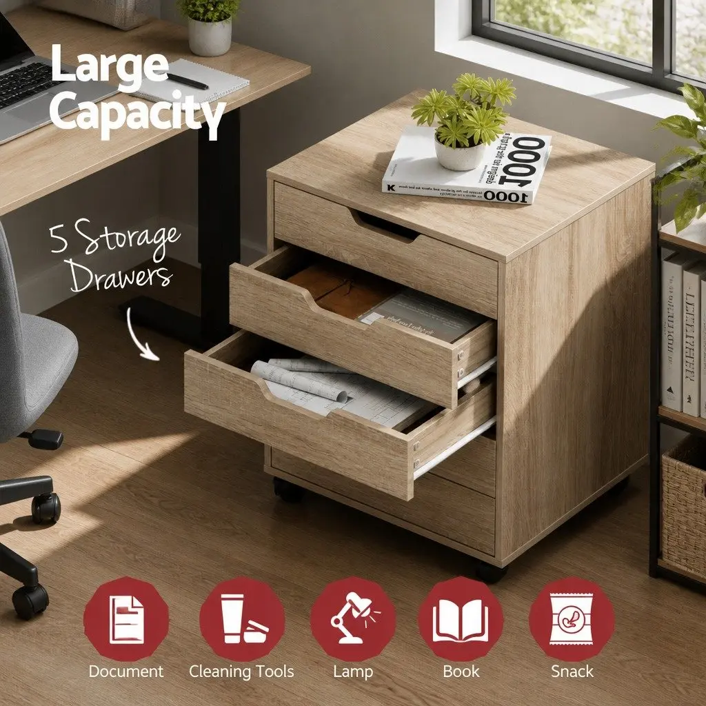 5-Drawer Filing Cabinet Walnut Mobile Rolling Storage Chest Organize Documents Office